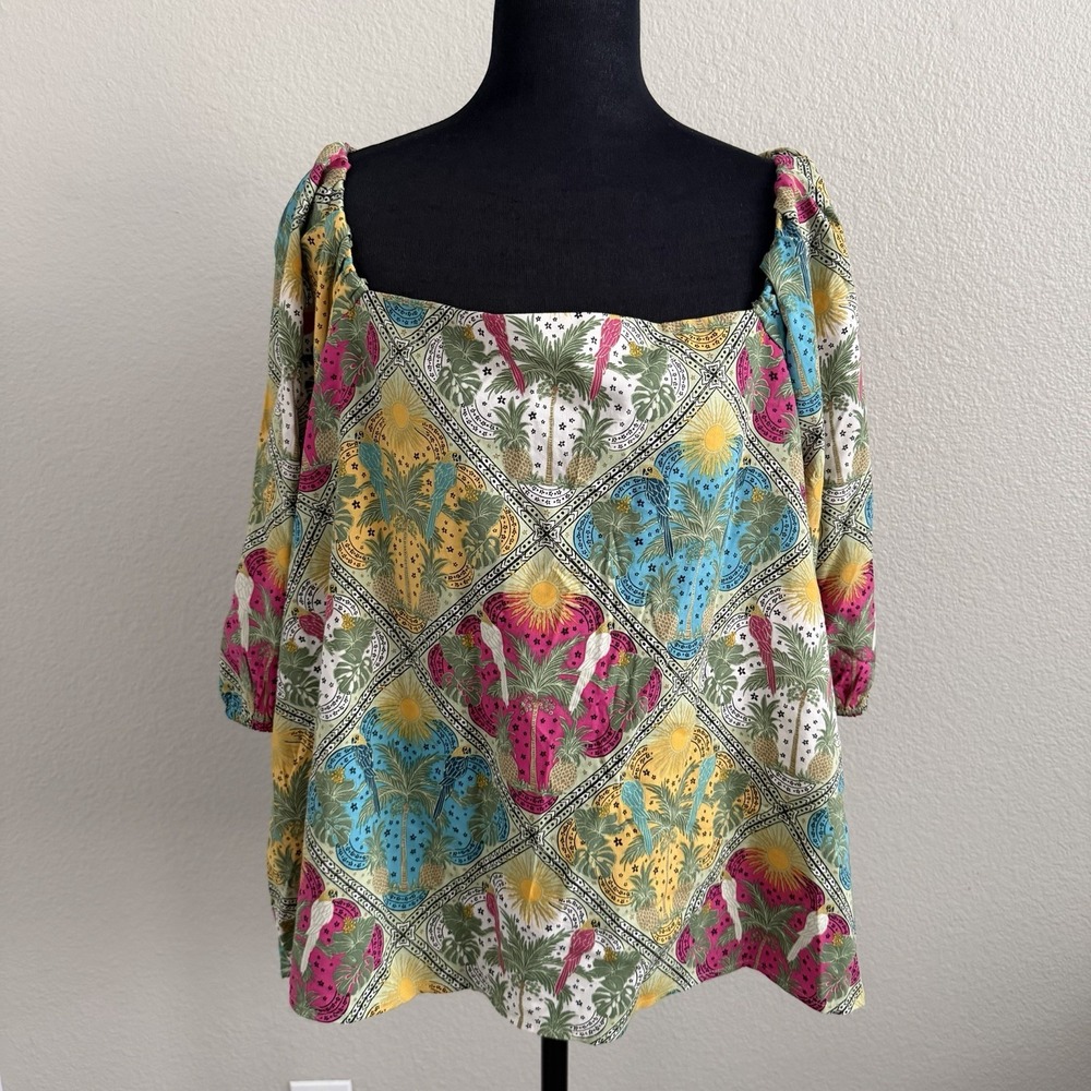 LOFT Women's XL Top Blouse Boho Square Neck Puff Sleeve NWT